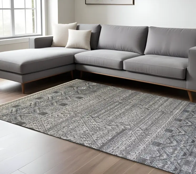 10' X 13' Gray and Ivory Geometric Hand Knotted Area Rug