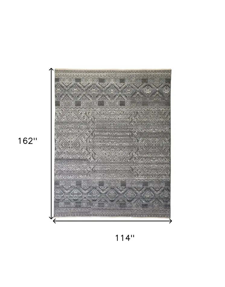 10' X 13' Gray and Ivory Geometric Hand Knotted Area Rug