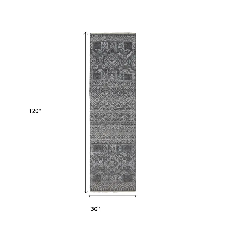 10' Gray And Ivory Geometric Hand Knotted Runner Rug With Fringe