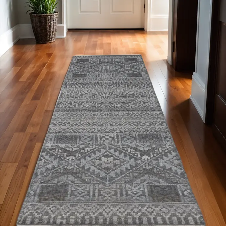 10' Gray And Ivory Geometric Hand Knotted Runner Rug With Fringe