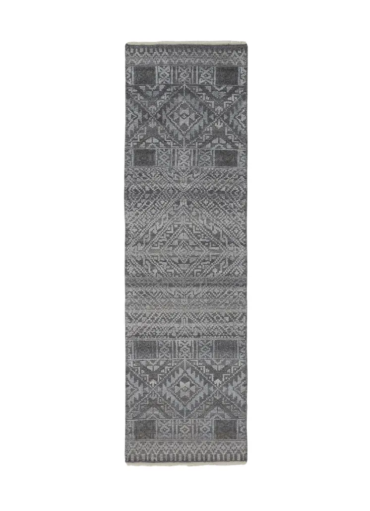 10' Gray And Ivory Geometric Hand Knotted Runner Rug With Fringe