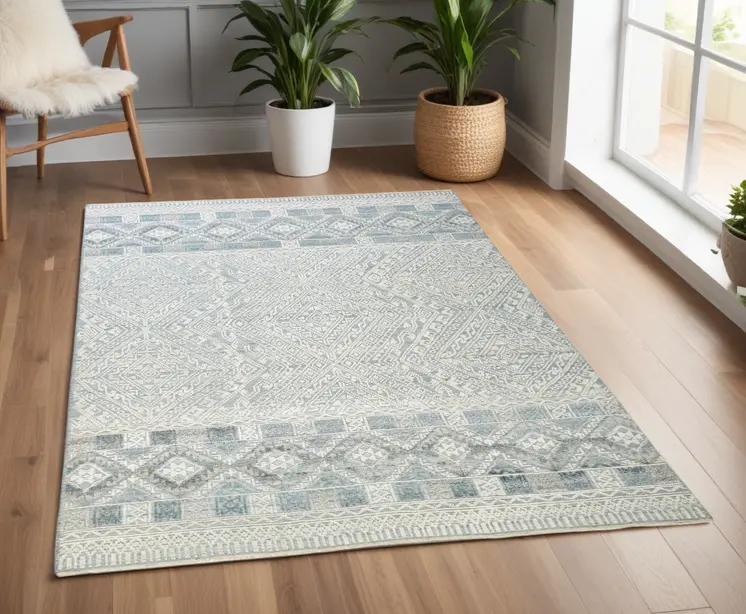 4' X 6' Ivory and Blue Geometric Hand Knotted Area Rug