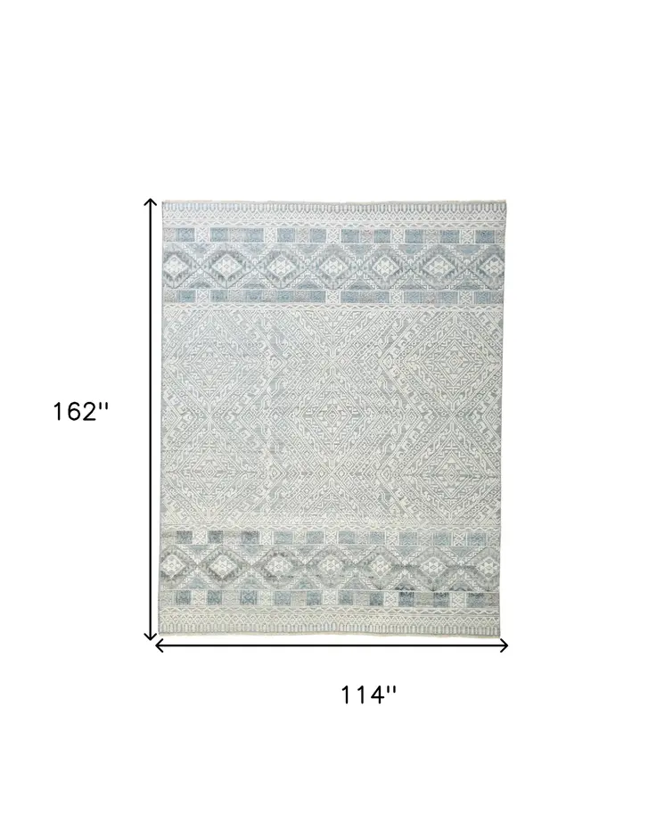 10' X 13' Ivory and Blue Geometric Hand Knotted Area Rug