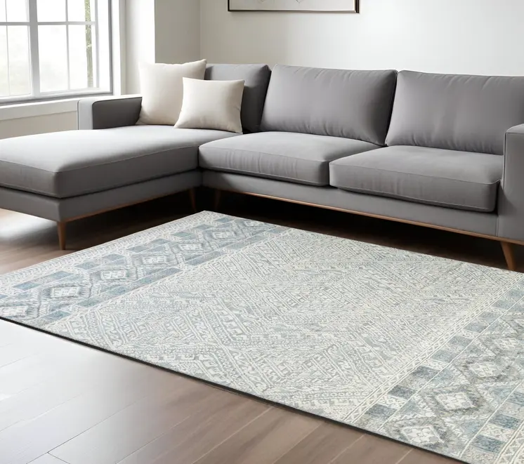 10' X 13' Ivory and Blue Geometric Hand Knotted Area Rug