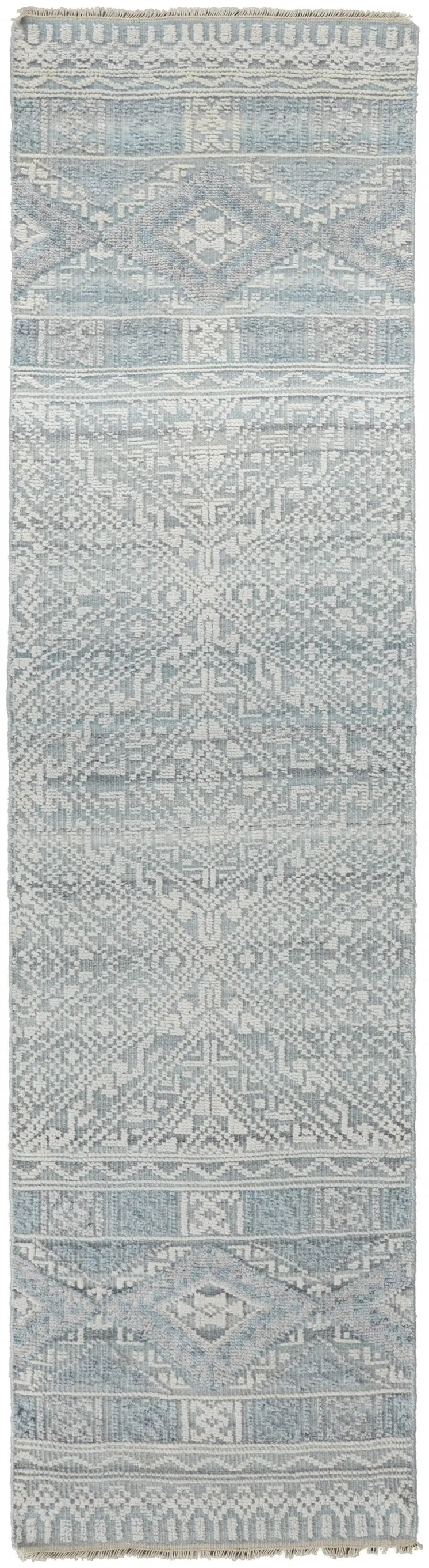 10' Ivory and Blue Geometric Hand Knotted Runner Rug With Fringe