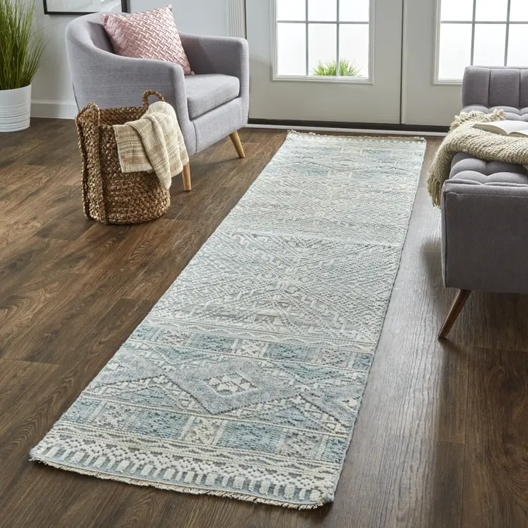 10' Ivory and Blue Geometric Hand Knotted Runner Rug With Fringe