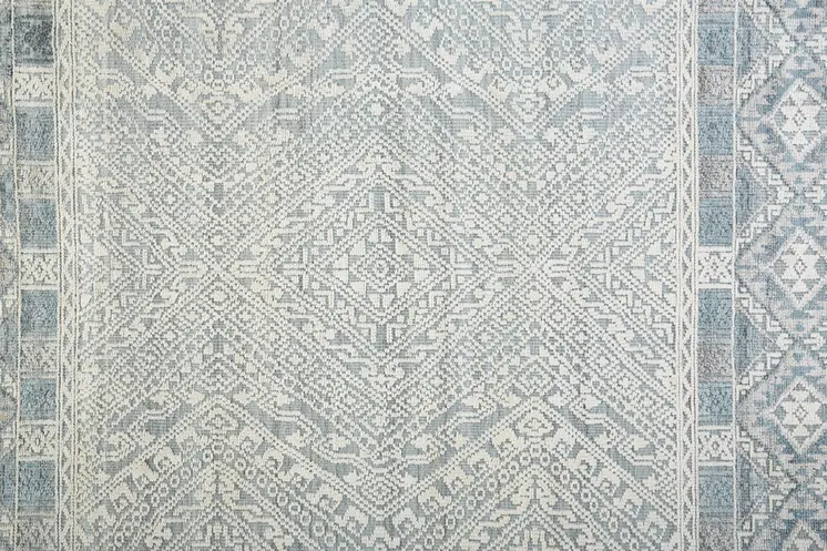 10' Ivory and Blue Geometric Hand Knotted Runner Rug With Fringe