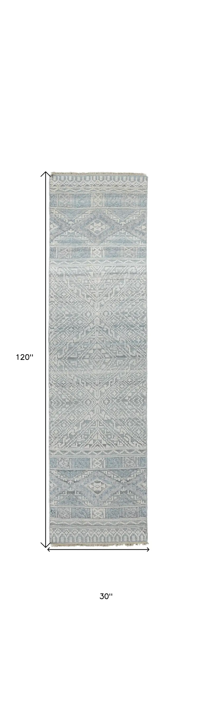 10' Ivory and Blue Geometric Hand Knotted Runner Rug With Fringe