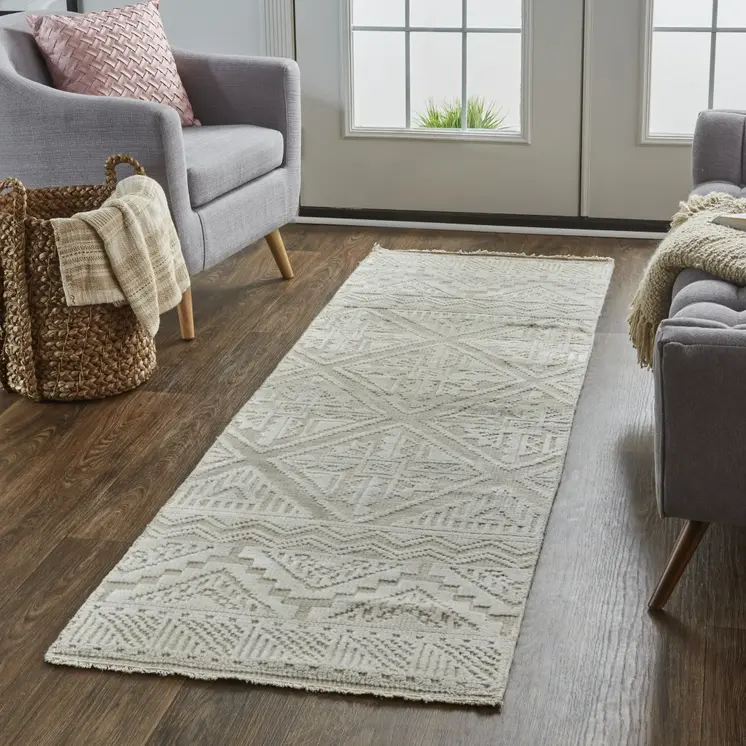 10' Gray and Ivory Geometric Hand Knotted Runner Rug With Fringe