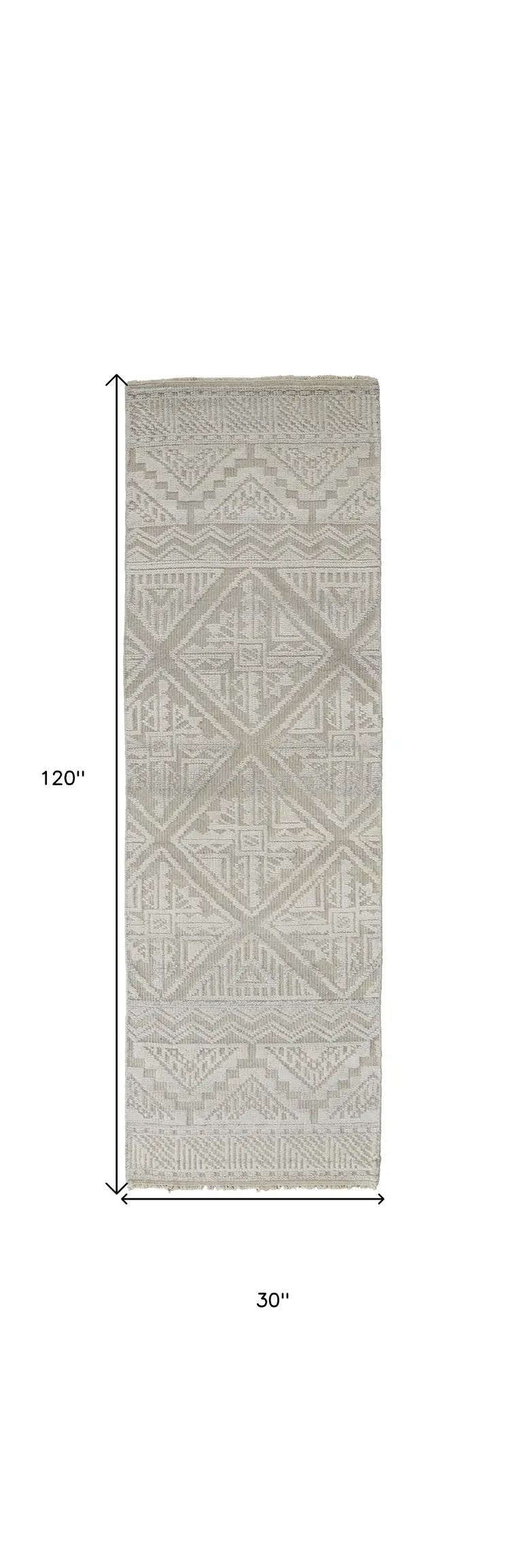 10' Gray and Ivory Geometric Hand Knotted Runner Rug With Fringe
