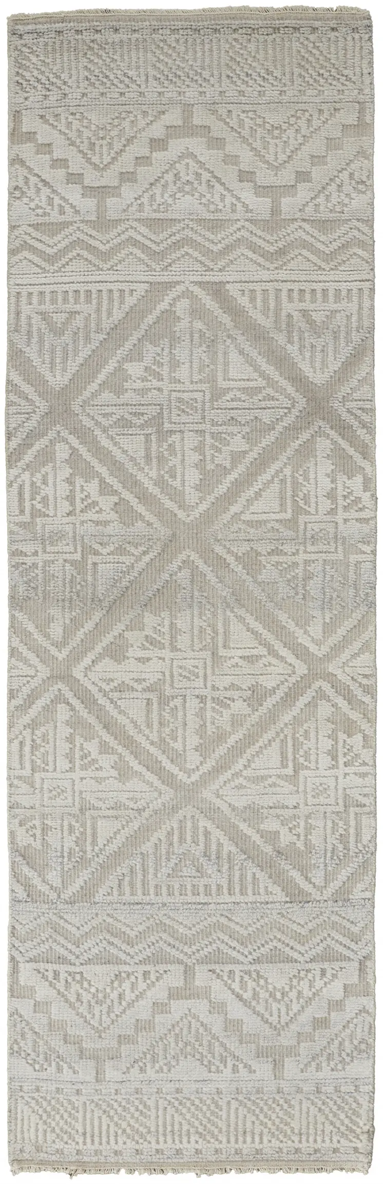 8' Ivory Tan And Gray Geometric Hand Knotted Runner Rug