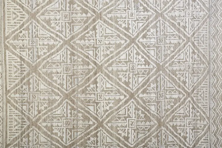 8' Ivory Tan And Gray Geometric Hand Knotted Runner Rug
