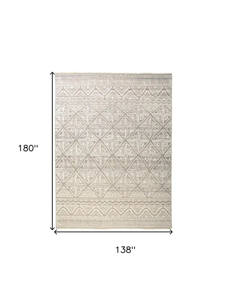 12' X 15' Tan and Ivory Geometric Hand Knotted Area Rug