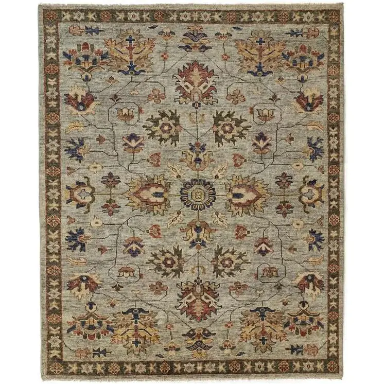 9' X 12' Gray Gold And Red Wool Floral Hand Knotted Stain Resistant Area Rug With Fringe