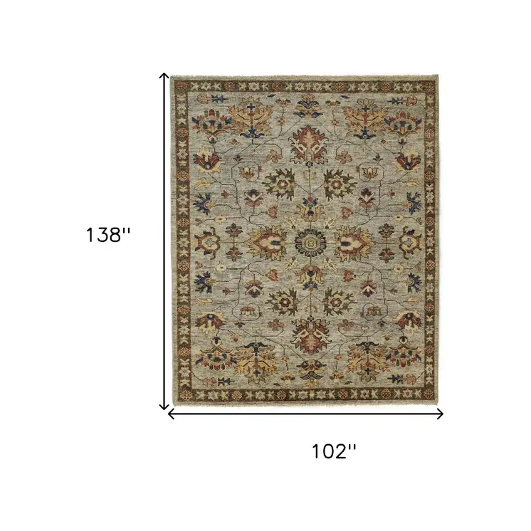 9' X 12' Gray Gold And Red Wool Floral Hand Knotted Stain Resistant Area Rug With Fringe