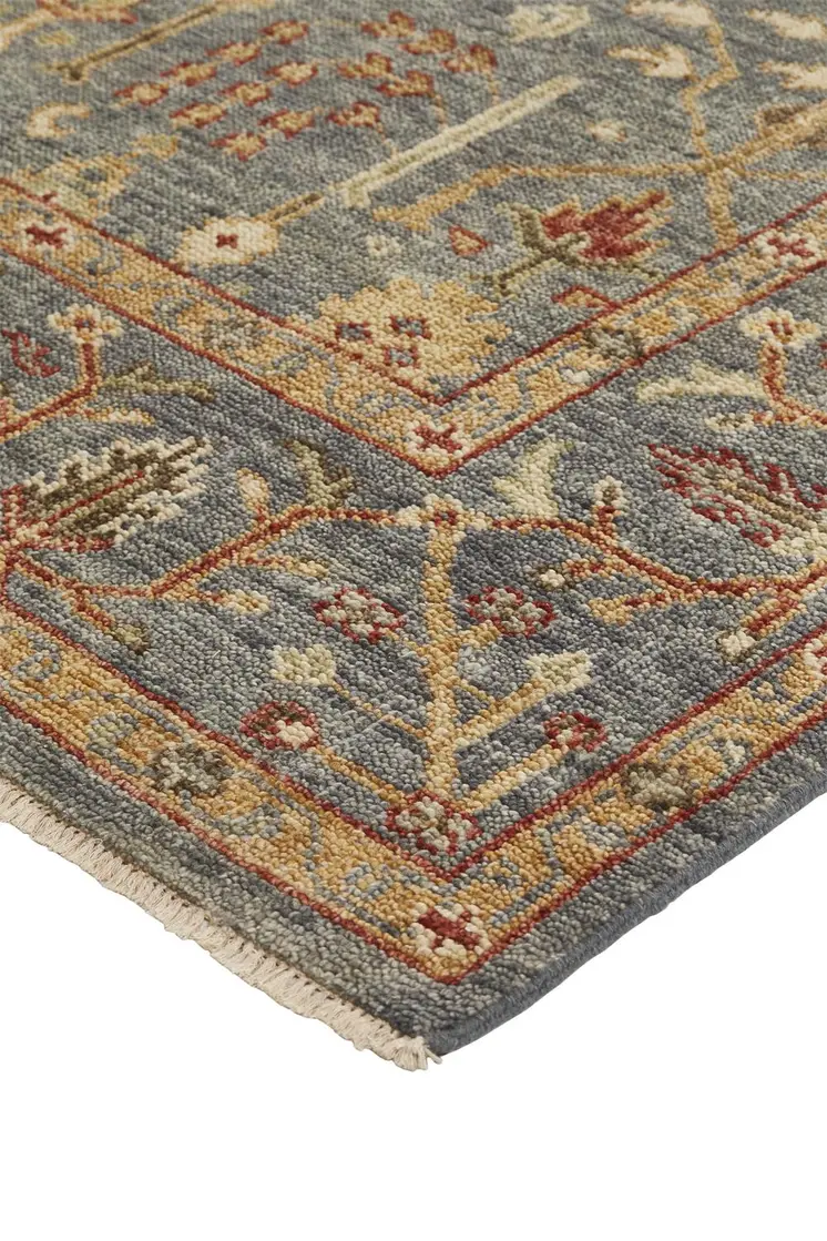 10' X 13' Gray Gold And Red Wool Floral Hand Knotted Stain Resistant Area Rug With Fringe