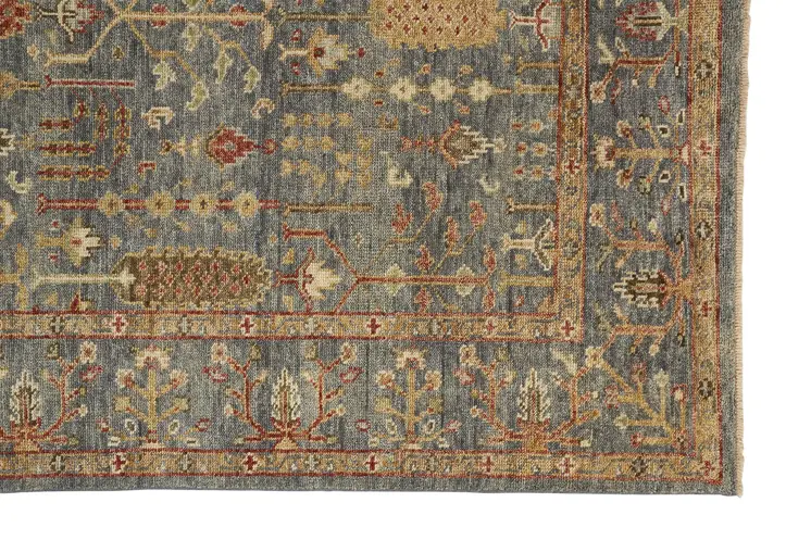 10' X 13' Gray Gold And Red Wool Floral Hand Knotted Stain Resistant Area Rug With Fringe