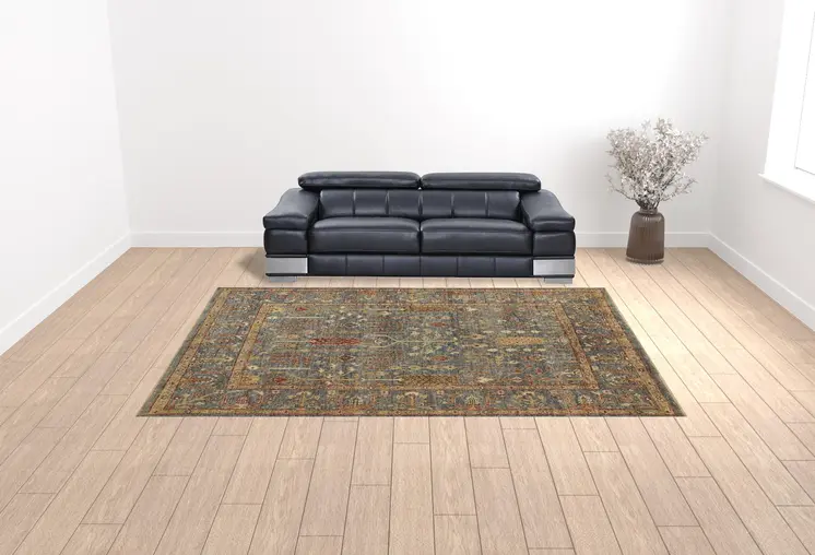 10' X 13' Gray Gold And Red Wool Floral Hand Knotted Stain Resistant Area Rug With Fringe