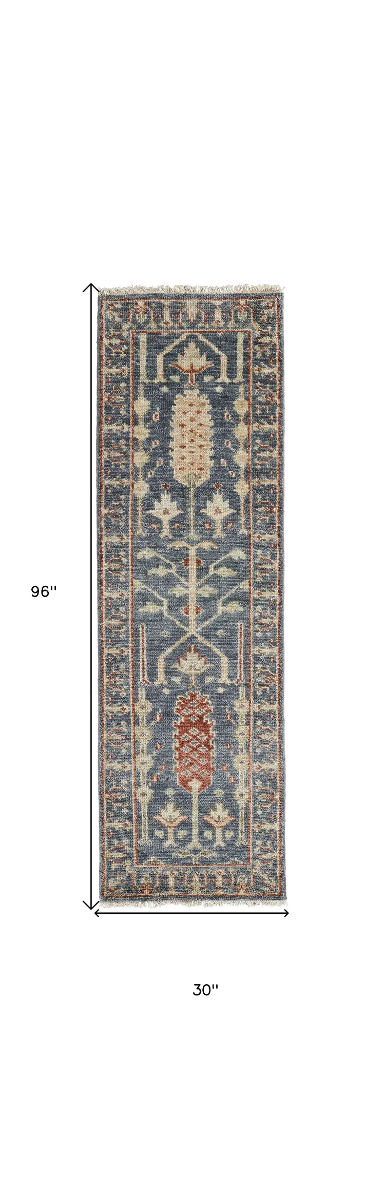8' Gray and Ivory Wool Floral Hand Knotted Runner Rug With Fringe