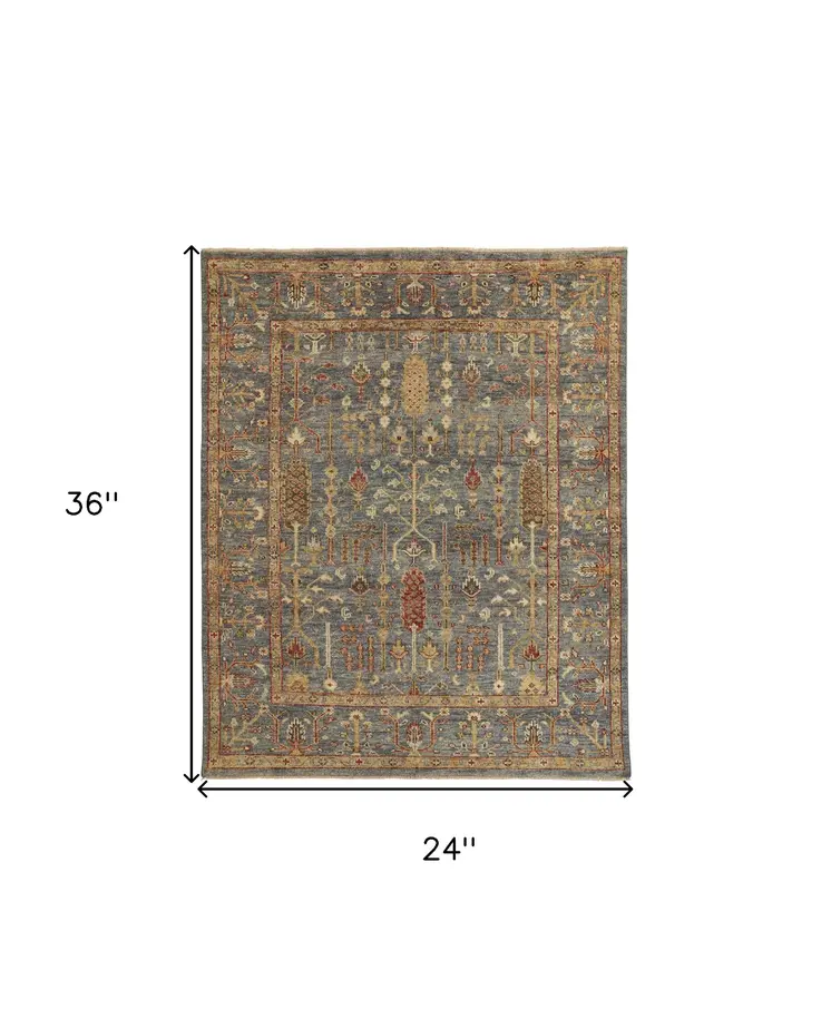 2' x 3' Gray and Ivory Wool Floral Hand Knotted Area Rug With Fringe