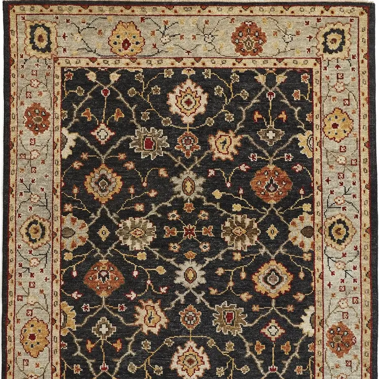 4' X 6' Black Gold And Gray Wool Floral Hand Knotted Stain Resistant Area Rug With Fringe