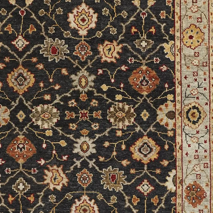 4' X 6' Black Gold And Gray Wool Floral Hand Knotted Stain Resistant Area Rug With Fringe