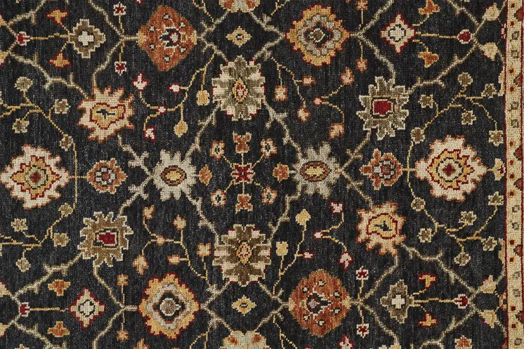 8' X 10' Black Gold And Gray Wool Floral Hand Knotted Stain Resistant Area Rug With Fringe