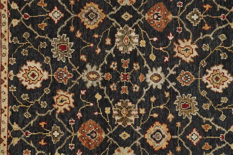 9' X 12' Black Gold And Gray Wool Floral Hand Knotted Stain Resistant Area Rug With Fringe