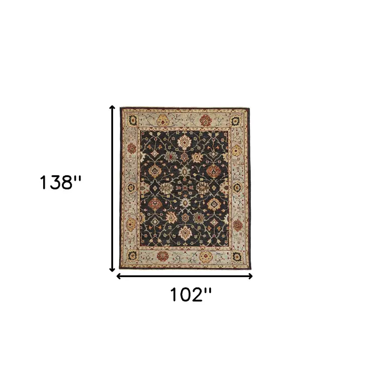 9' X 12' Black Gold And Gray Wool Floral Hand Knotted Stain Resistant Area Rug With Fringe