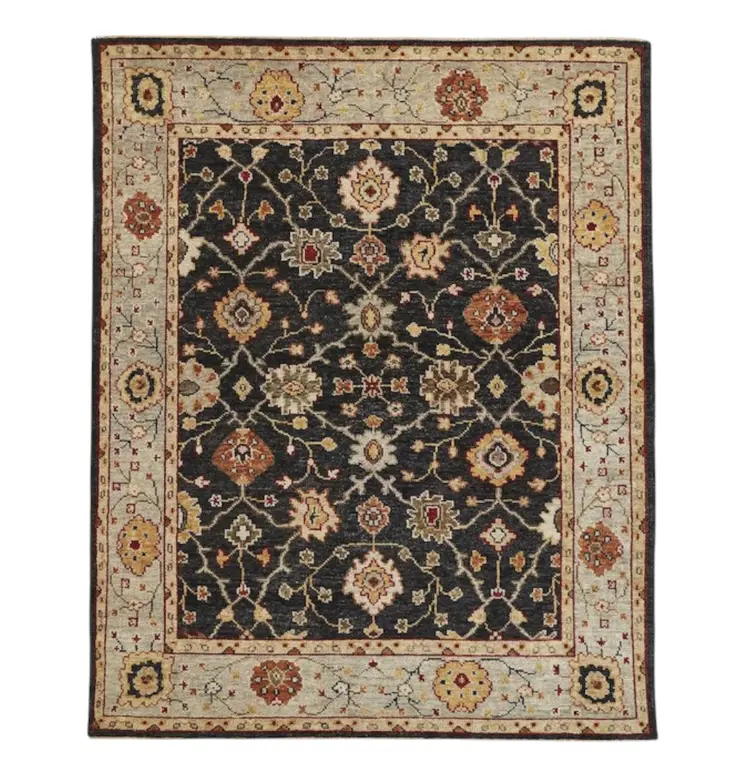 9' X 12' Black Gold And Gray Wool Floral Hand Knotted Stain Resistant Area Rug With Fringe