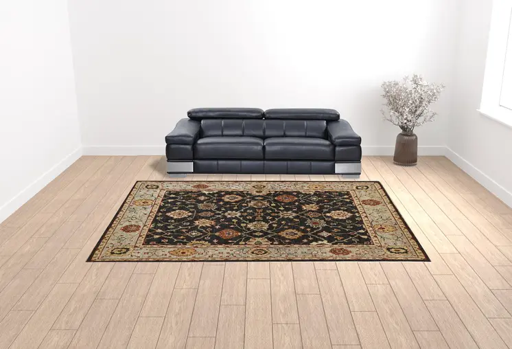 10' X 13' Black Gold And Gray Wool Floral Hand Knotted Stain Resistant Area Rug With Fringe