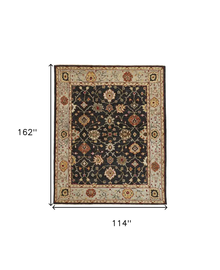 10' X 13' Black Gold And Gray Wool Floral Hand Knotted Stain Resistant Area Rug With Fringe