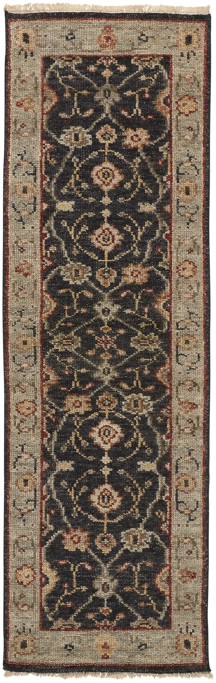 8' Black and Gold Oriental Hand Knotted Runner Rug With Fringe