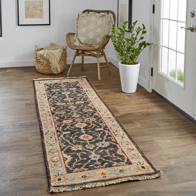 8' Black and Gold Oriental Hand Knotted Runner Rug With Fringe