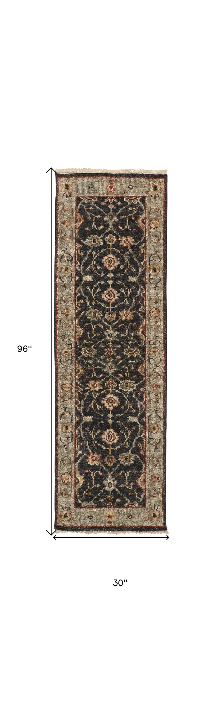 8' Black and Gold Oriental Hand Knotted Runner Rug With Fringe