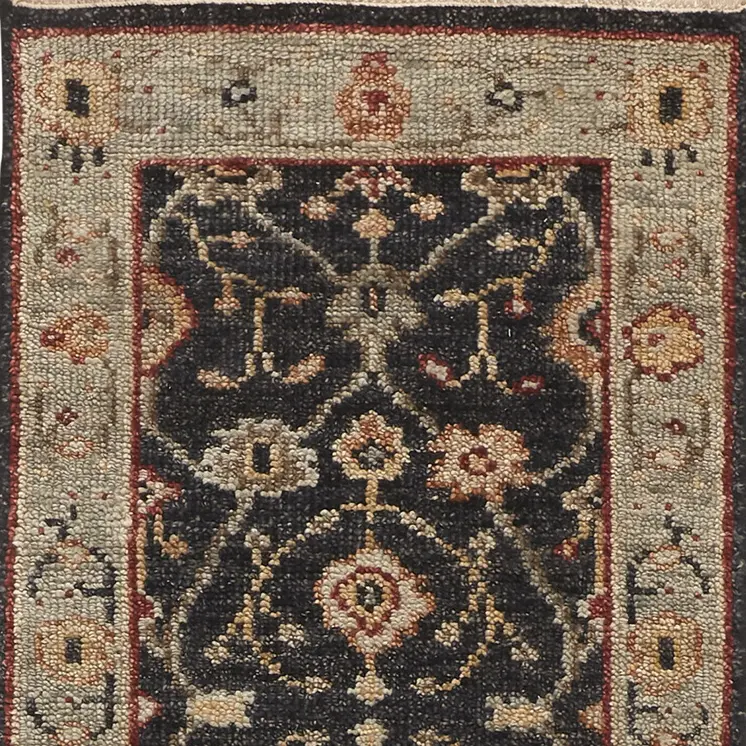 8' Black and Gold Oriental Hand Knotted Runner Rug With Fringe
