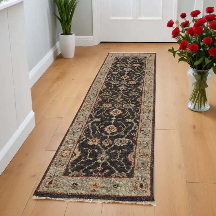 8' Black and Gold Oriental Hand Knotted Runner Rug With Fringe