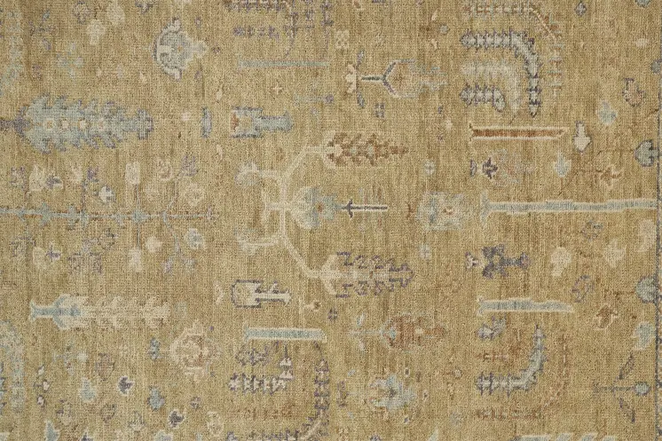 5' X 8' Gold Blue And Gray Wool Floral Hand Knotted Stain Resistant Area Rug With Fringe