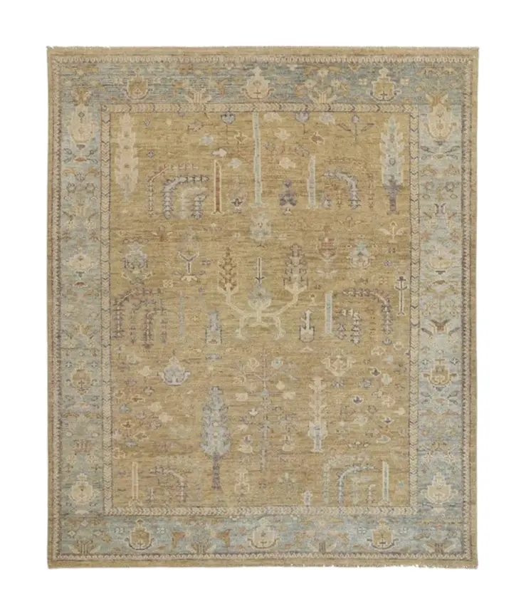 10' X 13' Gold Wool Floral Hand Knotted Stain Resistant Area Rug With Fringe