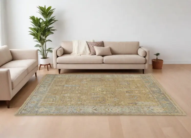 10' X 13' Gold Wool Floral Hand Knotted Stain Resistant Area Rug With Fringe