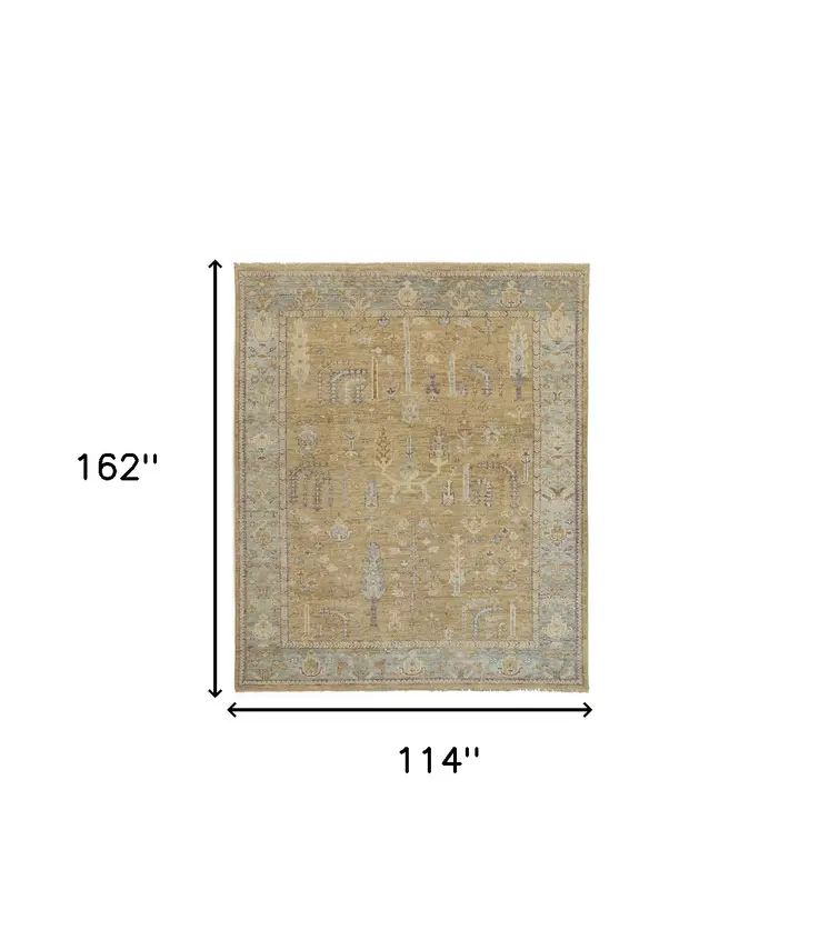 10' X 13' Gold Wool Floral Hand Knotted Stain Resistant Area Rug With Fringe