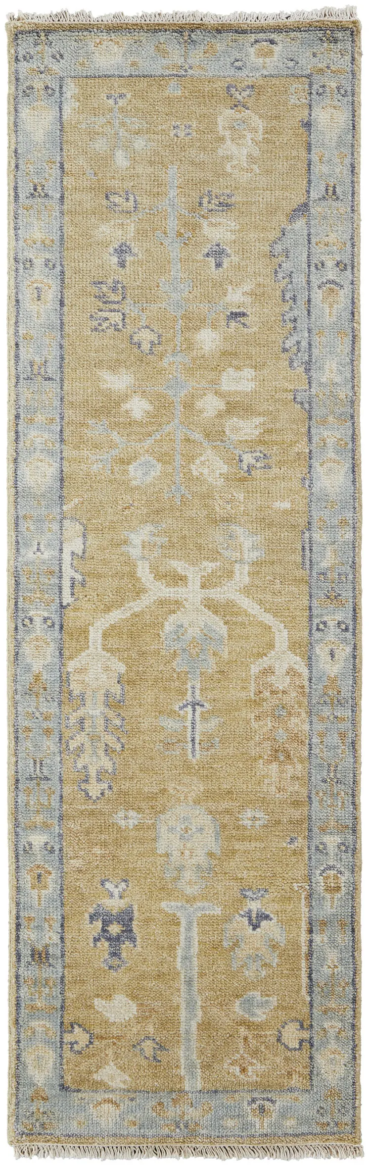 8' Gold Blue And Gray Wool Floral Hand Knotted Stain Resistant Runner Rug With Fringe