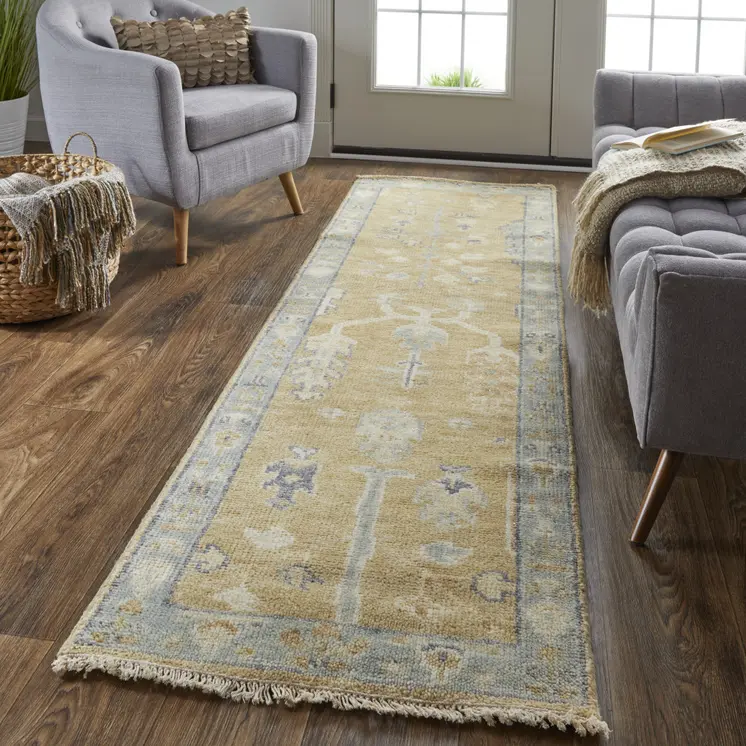 8' Gold Blue And Gray Wool Floral Hand Knotted Stain Resistant Runner Rug With Fringe