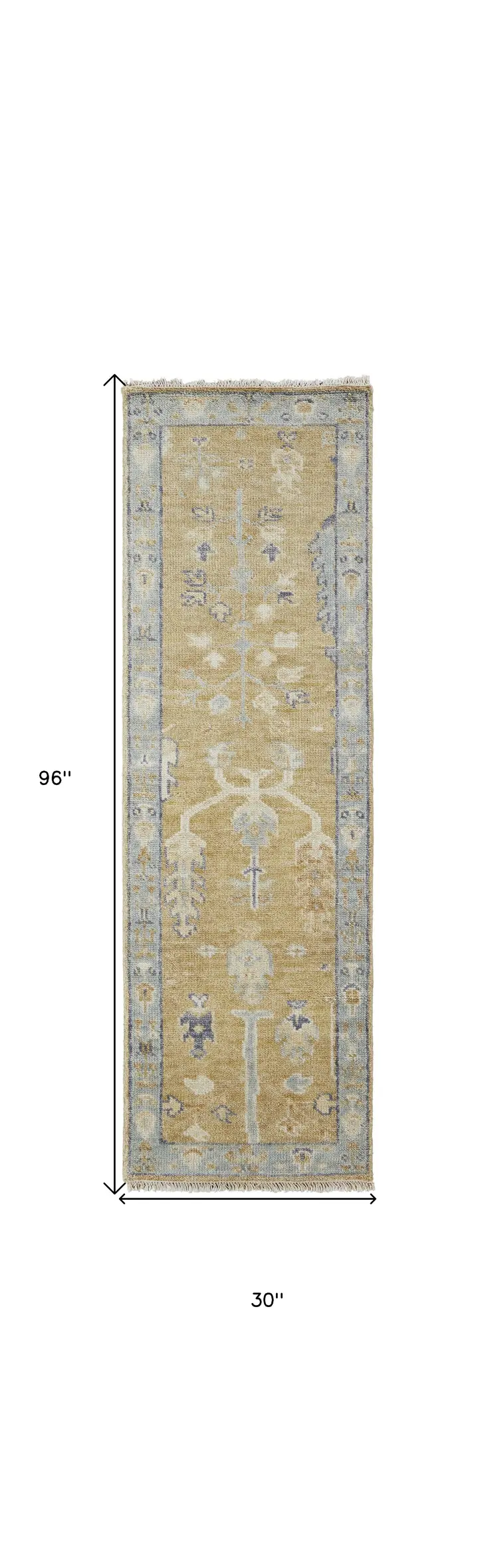 8' Gold Blue And Gray Wool Floral Hand Knotted Stain Resistant Runner Rug With Fringe