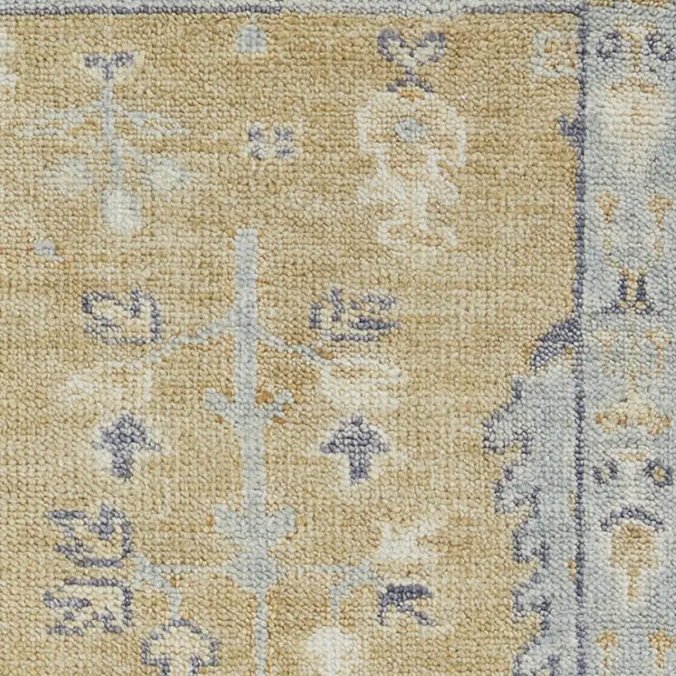 8' Gold Blue And Gray Wool Floral Hand Knotted Stain Resistant Runner Rug With Fringe