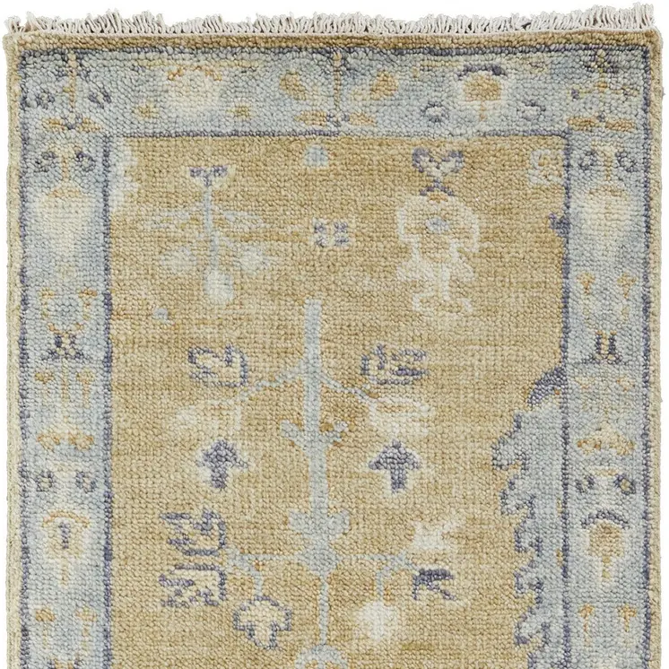 8' Gold Blue And Gray Wool Floral Hand Knotted Stain Resistant Runner Rug With Fringe