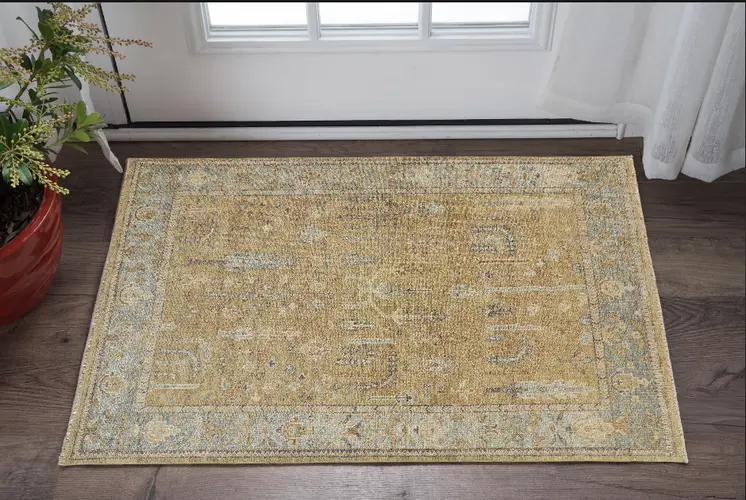 2' X 3' Gold Blue And Gray Wool Floral Hand Knotted Stain Resistant Area Rug With Fringe