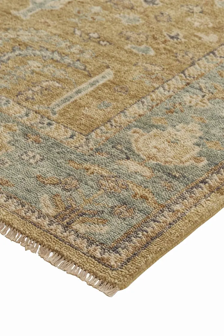 2' X 3' Gold Blue And Gray Wool Floral Hand Knotted Stain Resistant Area Rug With Fringe