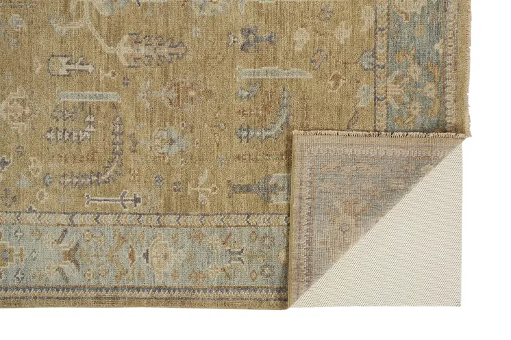 2' X 3' Gold Blue And Gray Wool Floral Hand Knotted Stain Resistant Area Rug With Fringe