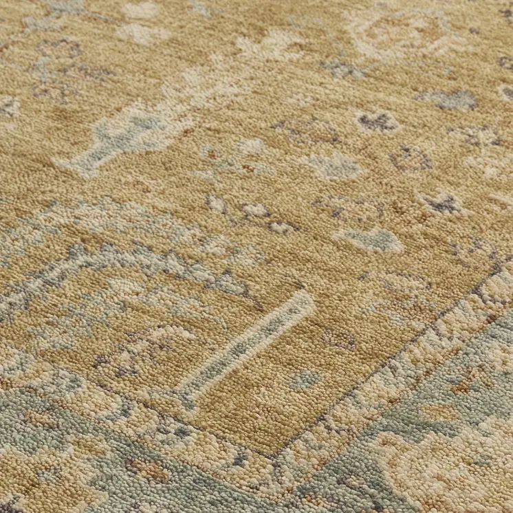 2' X 3' Gold Blue And Gray Wool Floral Hand Knotted Stain Resistant Area Rug With Fringe